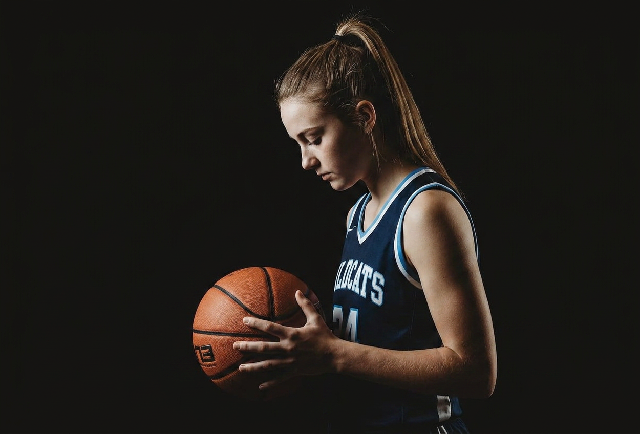 Young female basketball player in blue Wildcats jersey holding a basketball, studio portrait on dark background.