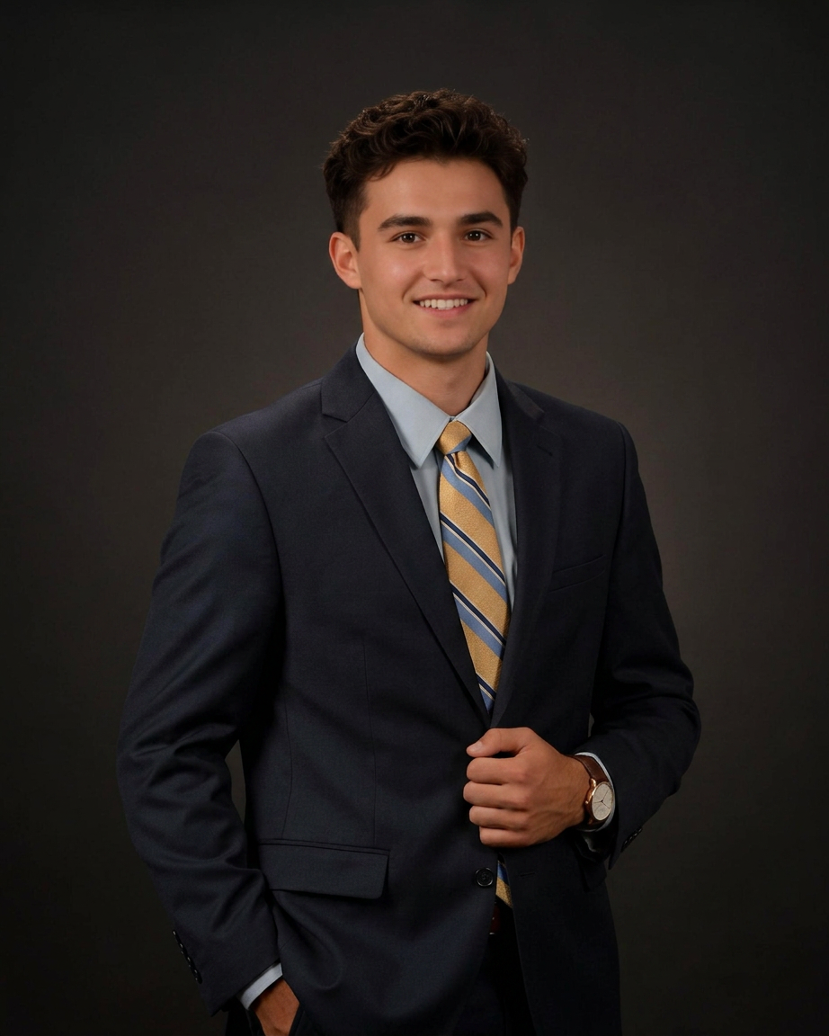 Young man in navy suit and gold striped tie posing for a formal professional portrait photo.
