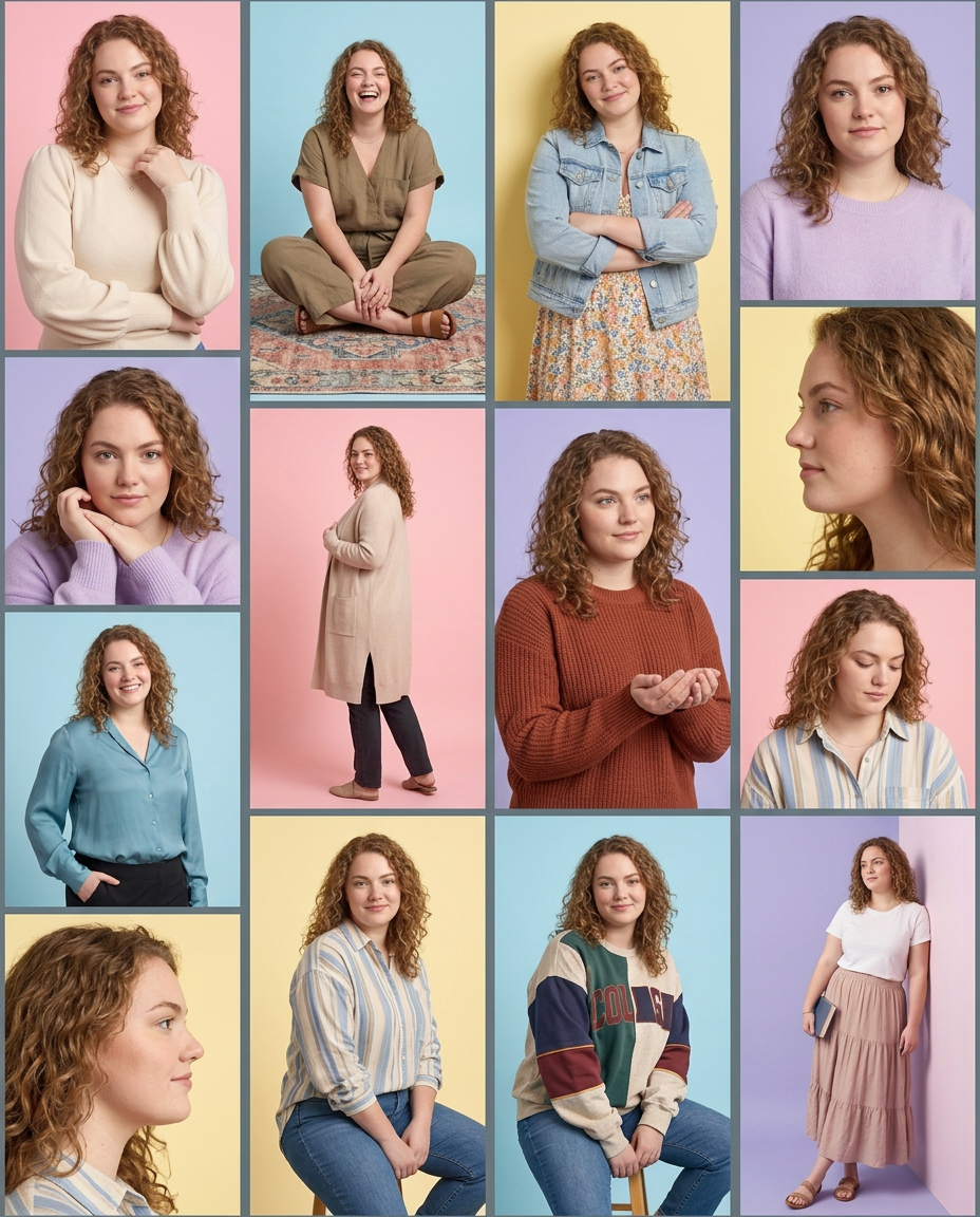 Collage of a curly-haired woman in various colorful outfits and poses against pastel backgrounds.