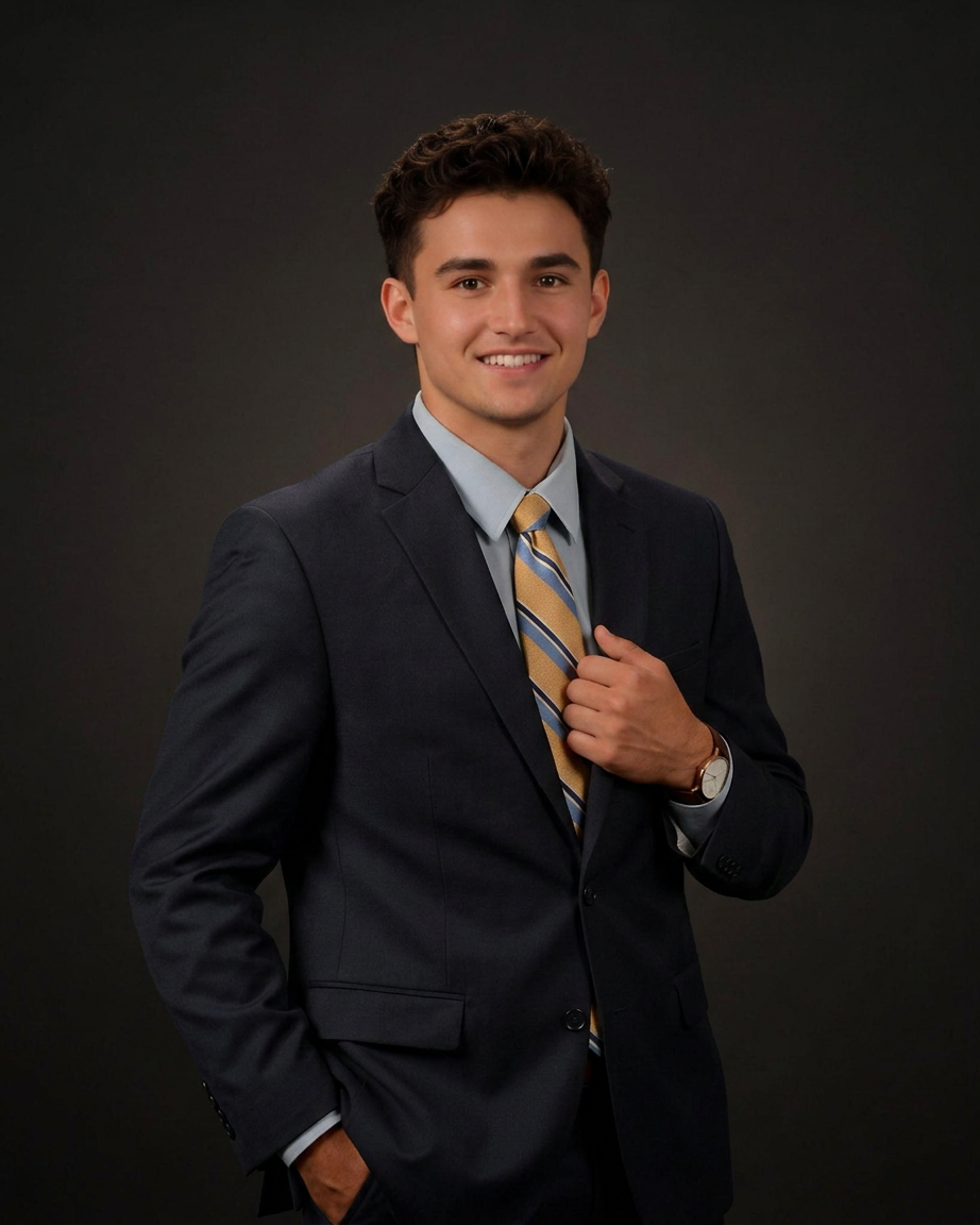 Smiling young man in navy suit and striped tie poses confidently for senior portrait on dark background.