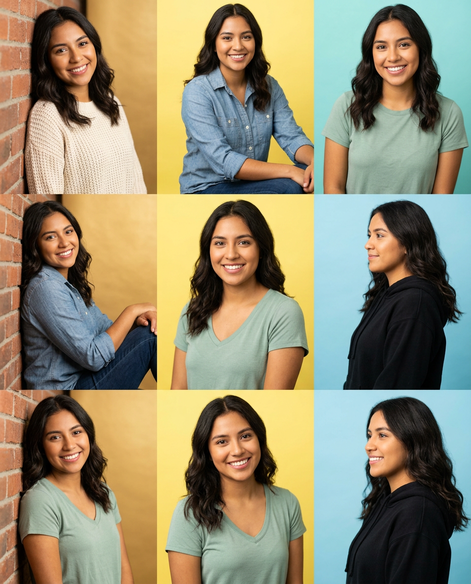 Collage of nine portrait photos of a young Hispanic woman in various outfits against colorful backgrounds.