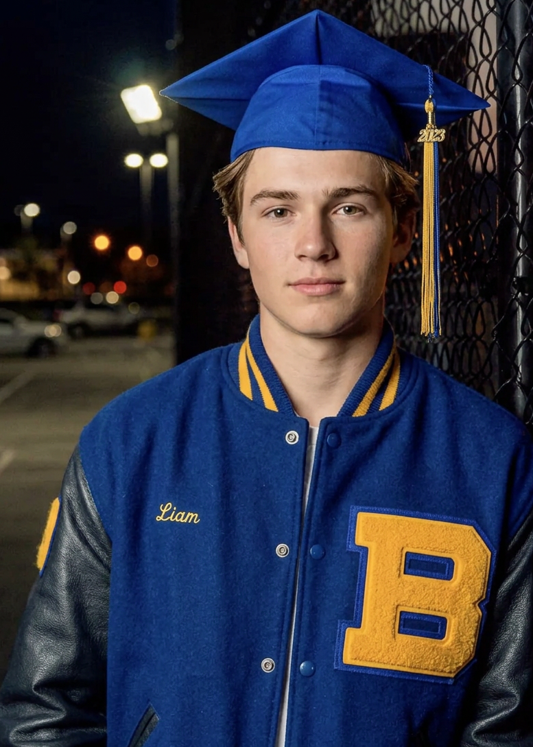 Young man named Liam in blue graduation cap and letterman jacket posing outdoors at night for senior photos.