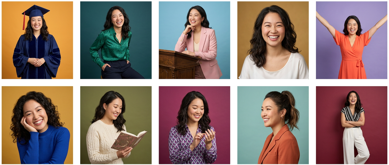 Collage of a young Asian woman in navy graduation cap and gown and casual portrait photos on vibrant backgrounds.