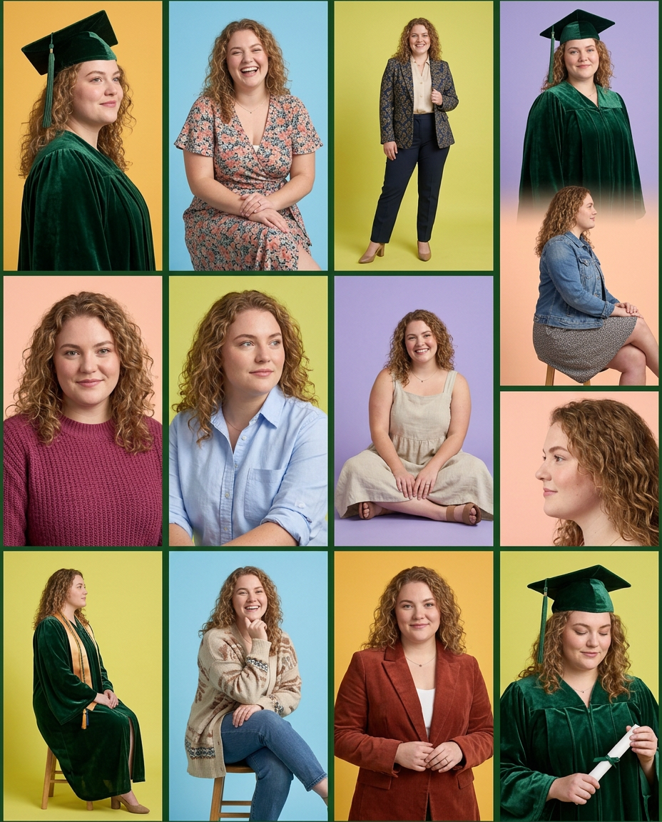 Collage of a curly-haired woman in green graduation regalia and casual outfits on colorful backgrounds.