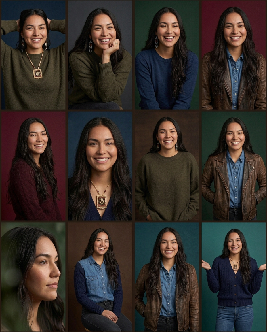 Collage of a young Native American woman smiling in various outfits against colorful studio backgrounds.