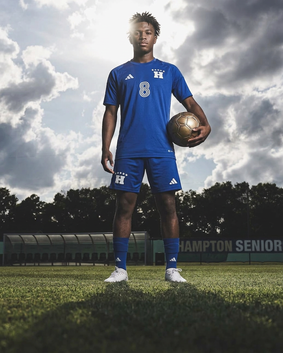 A young soccer player in blue number 8 jersey holds a gold ball on a field at Hampton Senior.