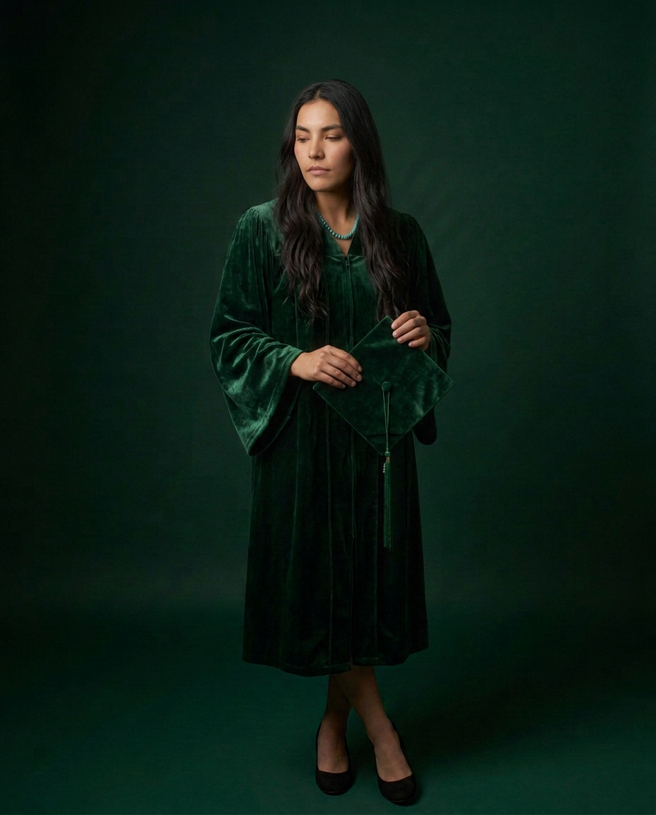 Young woman in green velvet graduation gown standing with eyes downcast, holding tassel.