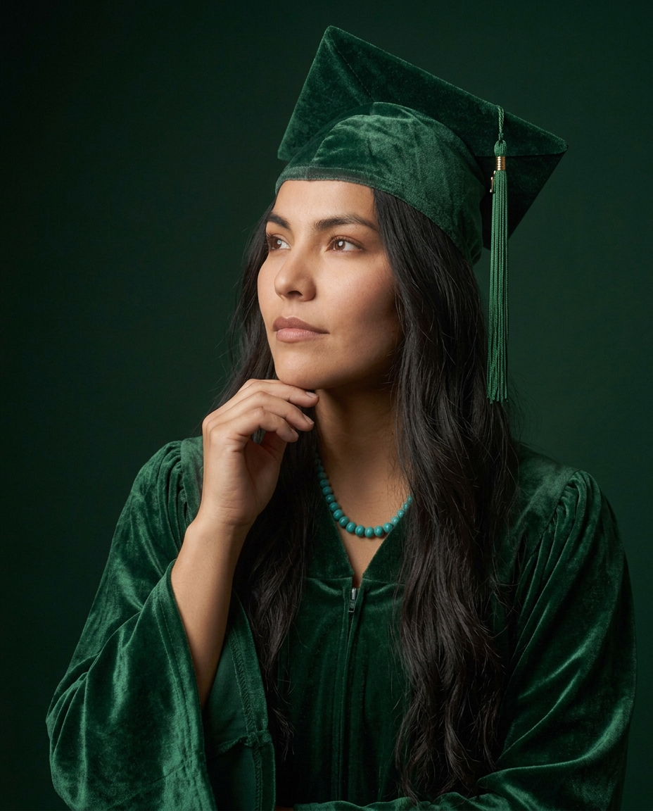 Young woman in green velvet graduation cap and gown posing thoughtfully with hand on chin.