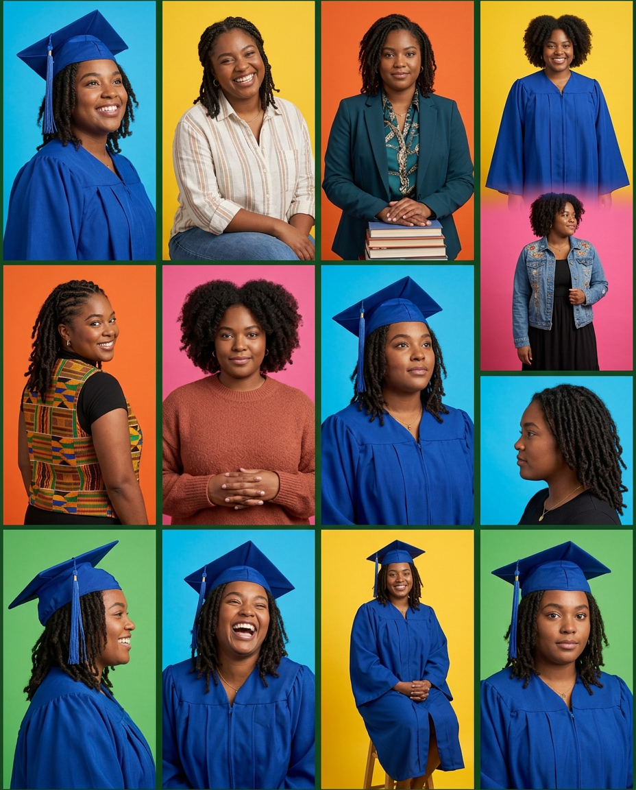 Collage of professional graduation portraits of a young woman in blue cap and gown on colorful backgrounds.