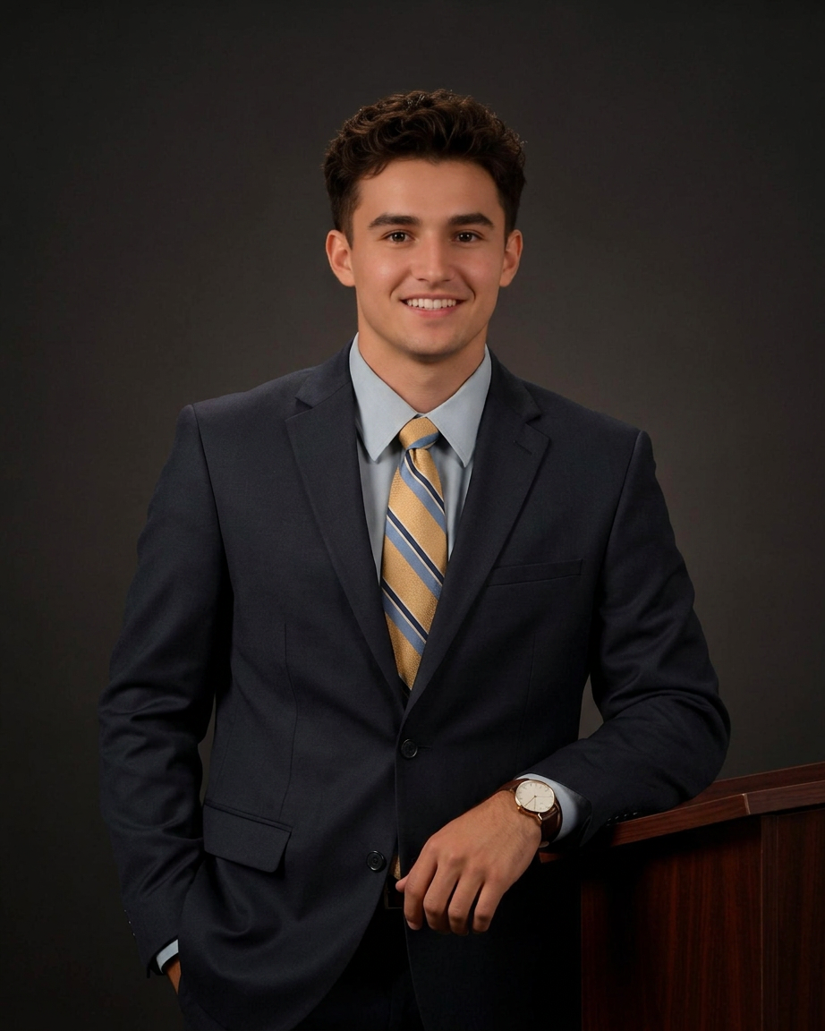 Young man in navy suit and striped tie smiling confidently in a professional portrait photo.