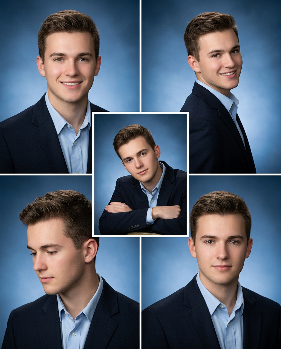 Young man in navy blazer and light blue shirt poses for professional senior portraits against a blue gradient background.