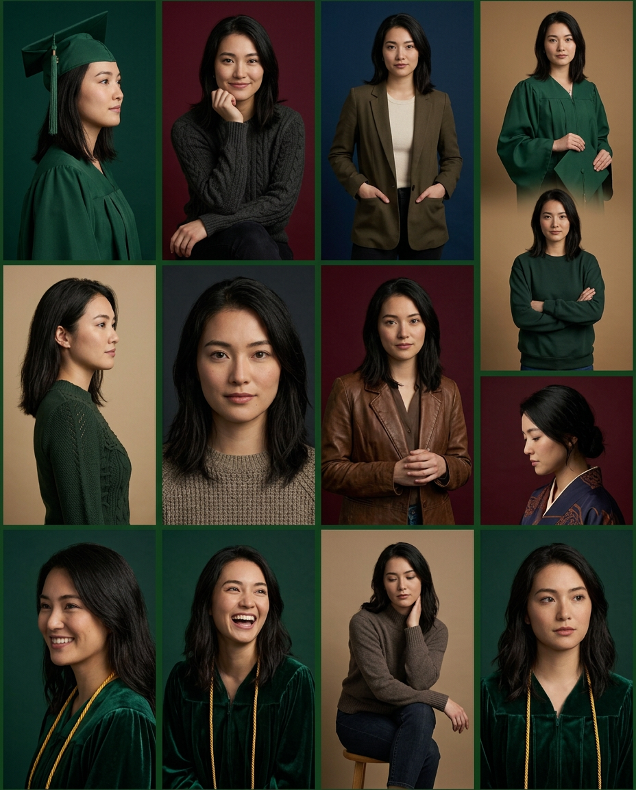 Asian woman featured in multiple portrait shots wearing graduation gown and various casual and professional outfits.