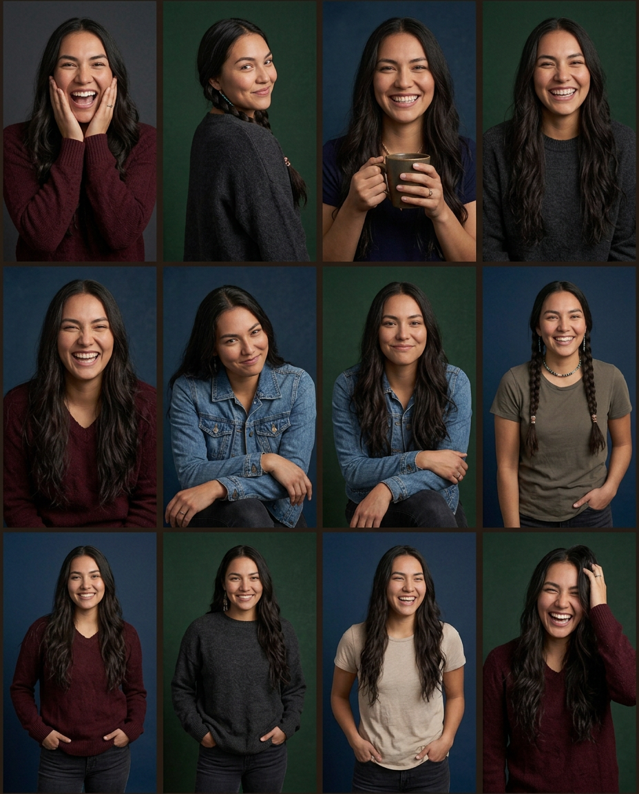 Young Hispanic woman smiling and laughing in multiple casual portrait poses against dark backgrounds.