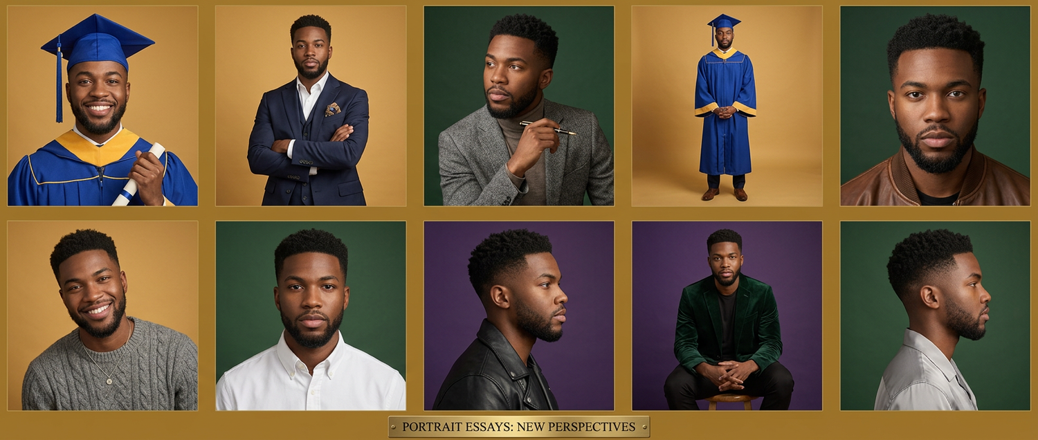 Collage of a young Black man in graduation attire and casual portrait photos on gold and dark backgrounds.