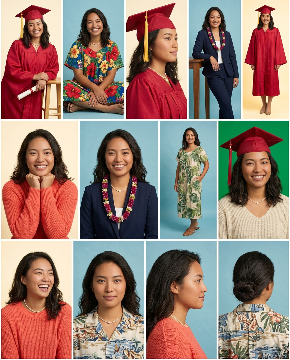 Collage of graduation and casual portraits of a young woman in red cap and gown and floral outfits.