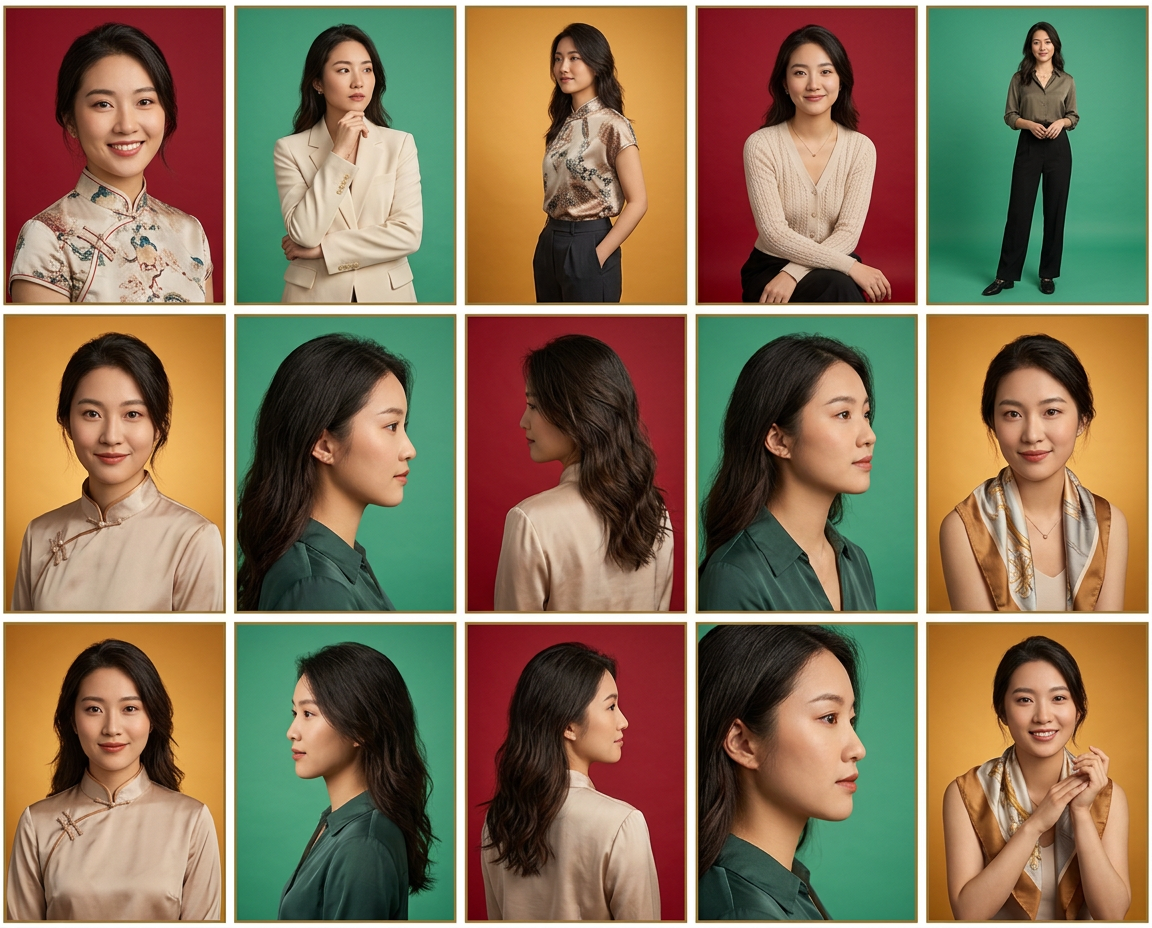 Asian woman poses in multiple professional outfits and angles for portrait session on colorful backgrounds.