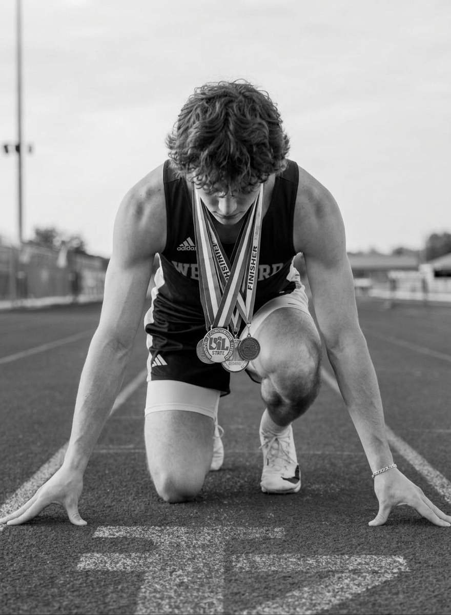Black and white photo of a male track athlete in starting position on a track, wearing medals and an Adidas jersey.