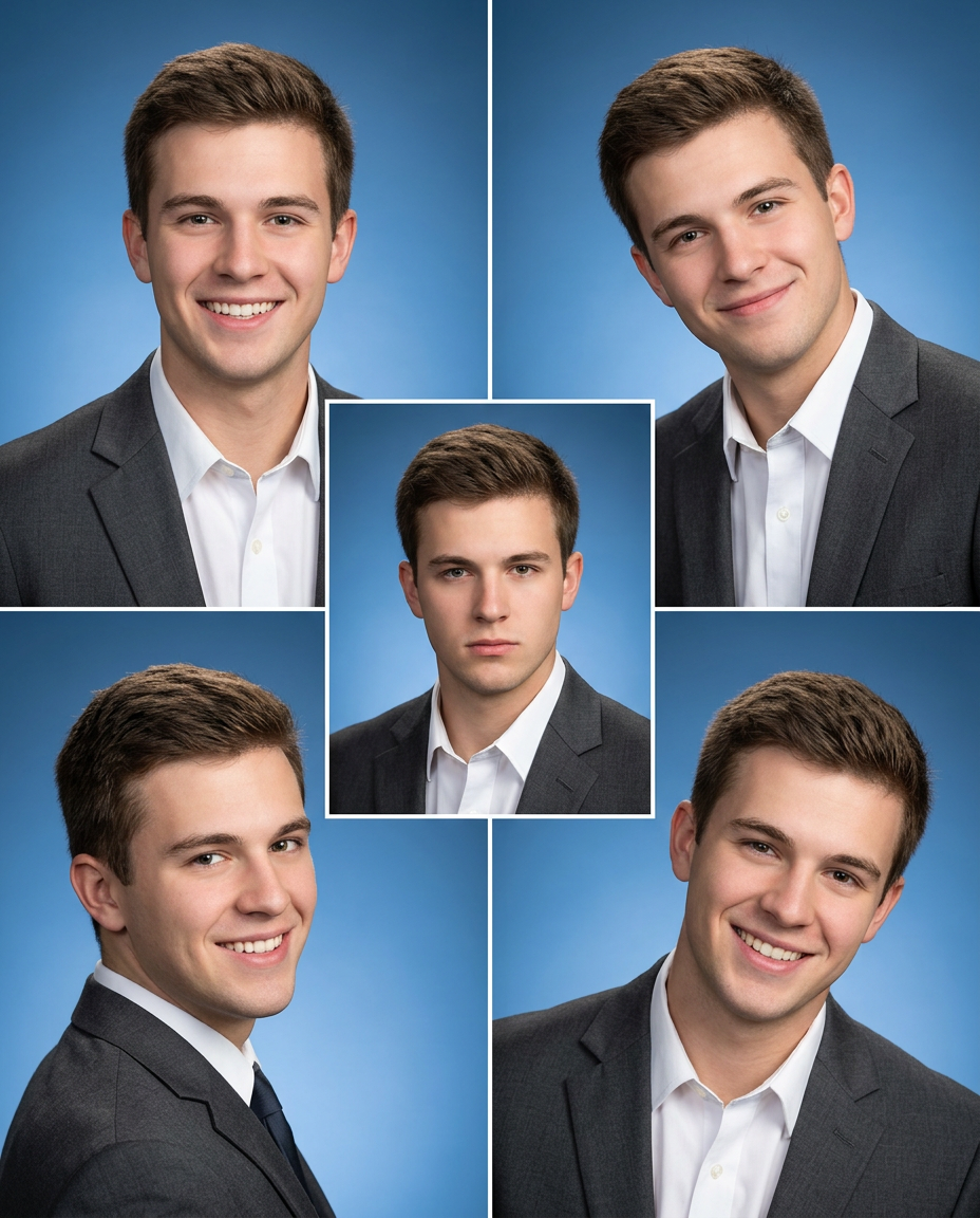Young man in gray suit poses for professional headshots collage with blue gradient background, showing multiple angles and expressions.