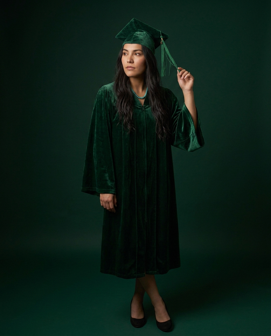 Young woman in full-length green velvet graduation cap and gown, holding tassel, studio portrait.