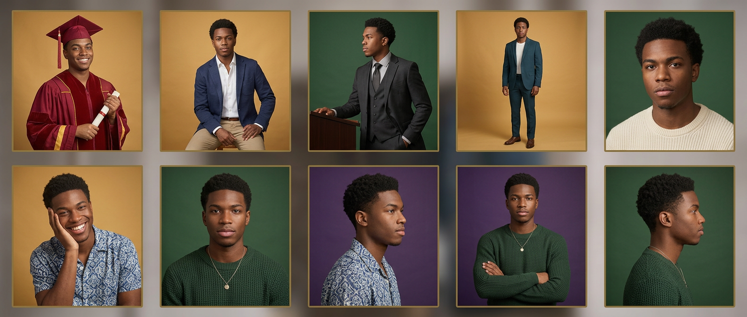 Collage of professional portraits of a young man in graduation attire and casual outfits on varied backgrounds.
