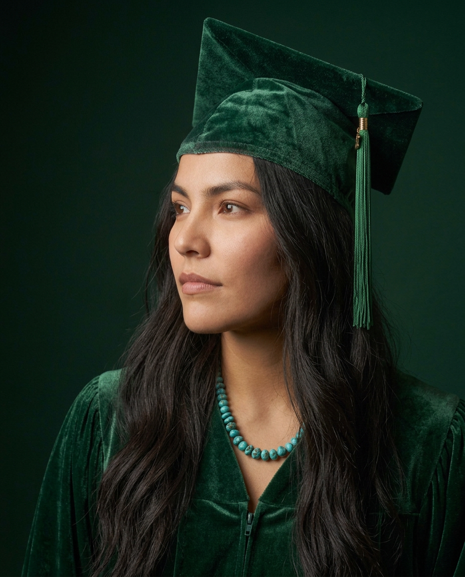 Young woman in green velvet graduation cap and gown with turquoise necklace, side glance portrait.