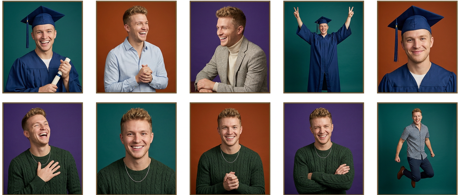Collage of a young man in graduation cap and gown and casual portrait photos on colorful backgrounds.