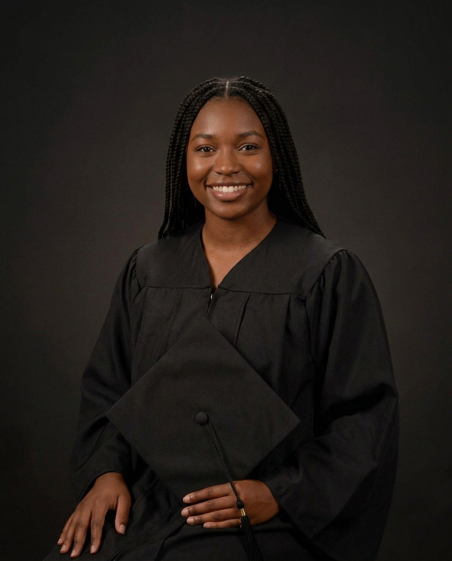 Smiling young Black woman in black graduation cap and gown holding diploma against dark background.