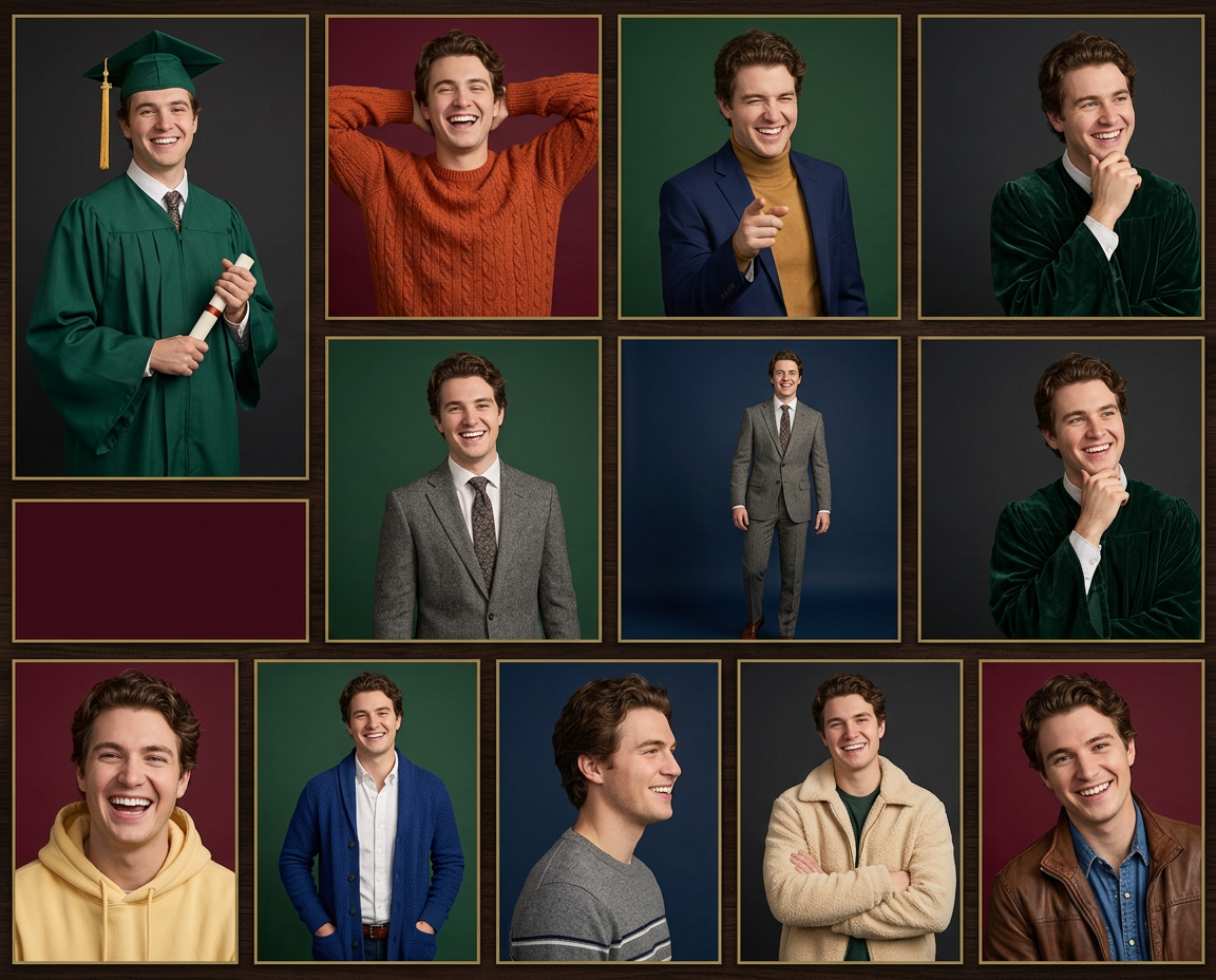 Young man showcased in multiple senior portrait photos wearing green graduation gown and colorful casual attire.
