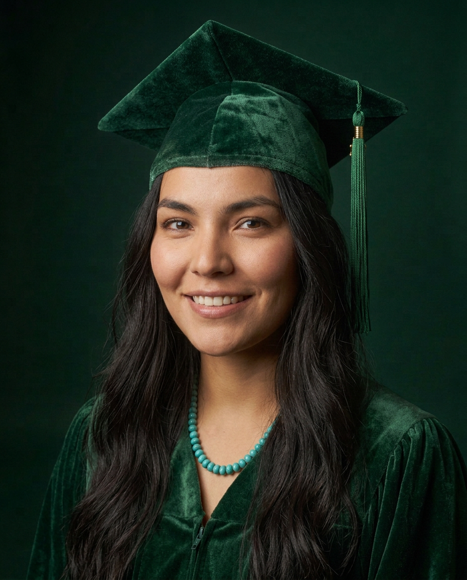 Smiling young woman in green velvet graduation cap and gown wearing a turquoise beaded necklace.