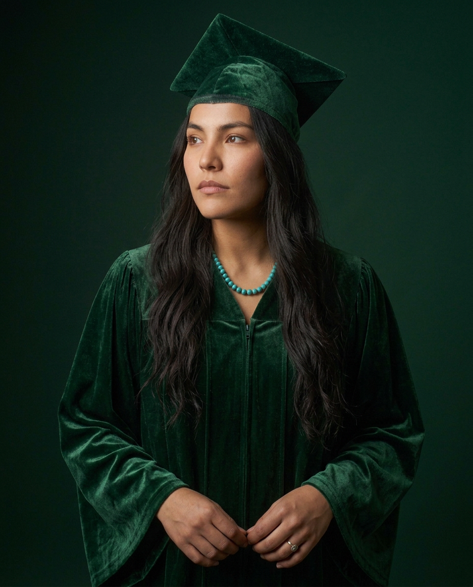 Young woman in green velvet graduation cap and gown with turquoise necklace, hands clasped.