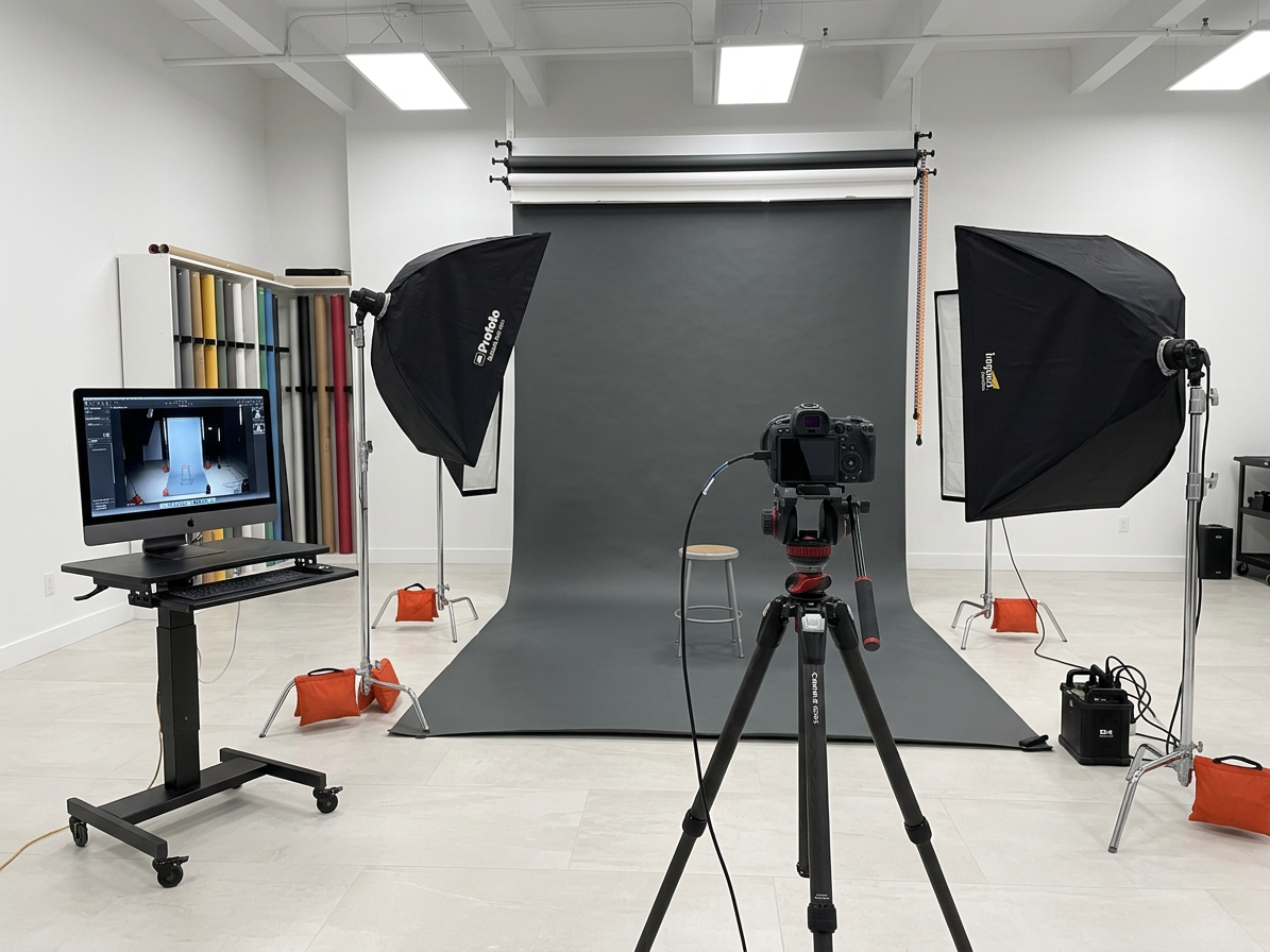 Professional photography studio setup with gray backdrop, softbox lights, camera on tripod, and monitor displaying image.