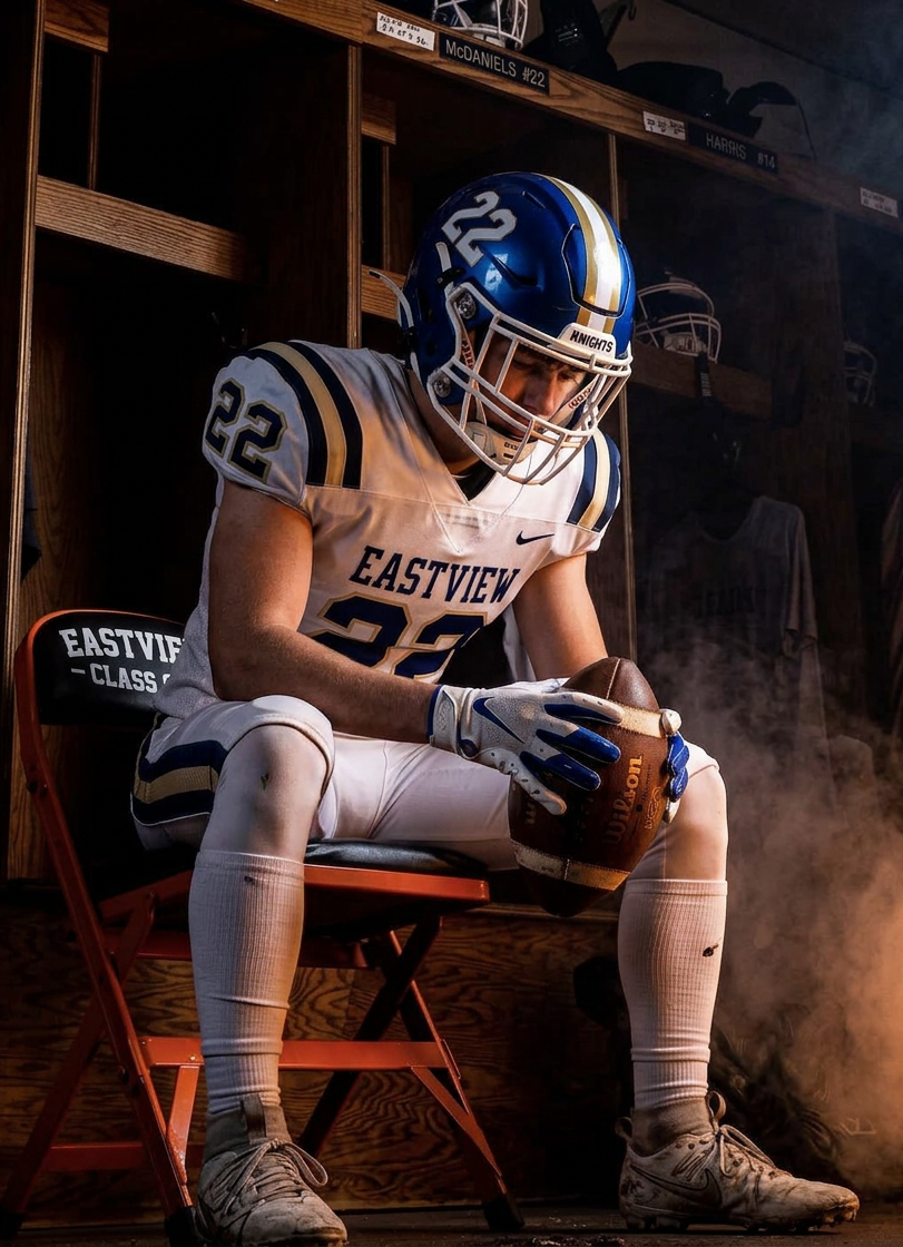 Eastview football player #22 sits in locker room wearing white uniform and blue helmet, holding a football in dramatic lighting.