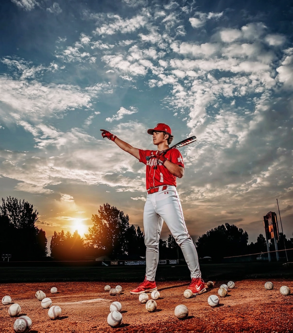 Baseball player in red uniform holding bat, pointing skyward at sunset with baseballs scattered on field.