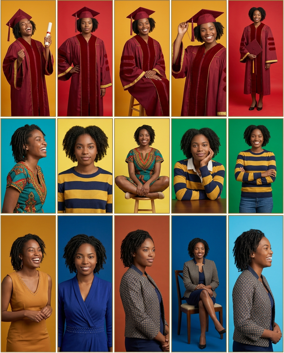 Black woman displayed in multiple portrait shots wearing maroon graduation regalia and colorful casual clothing.