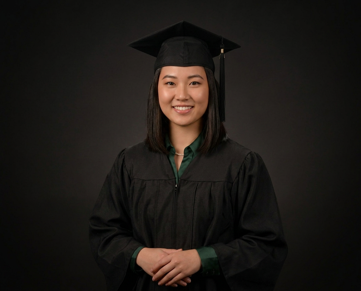 Young woman smiling in black graduation cap and gown for a formal graduation portrait photo.