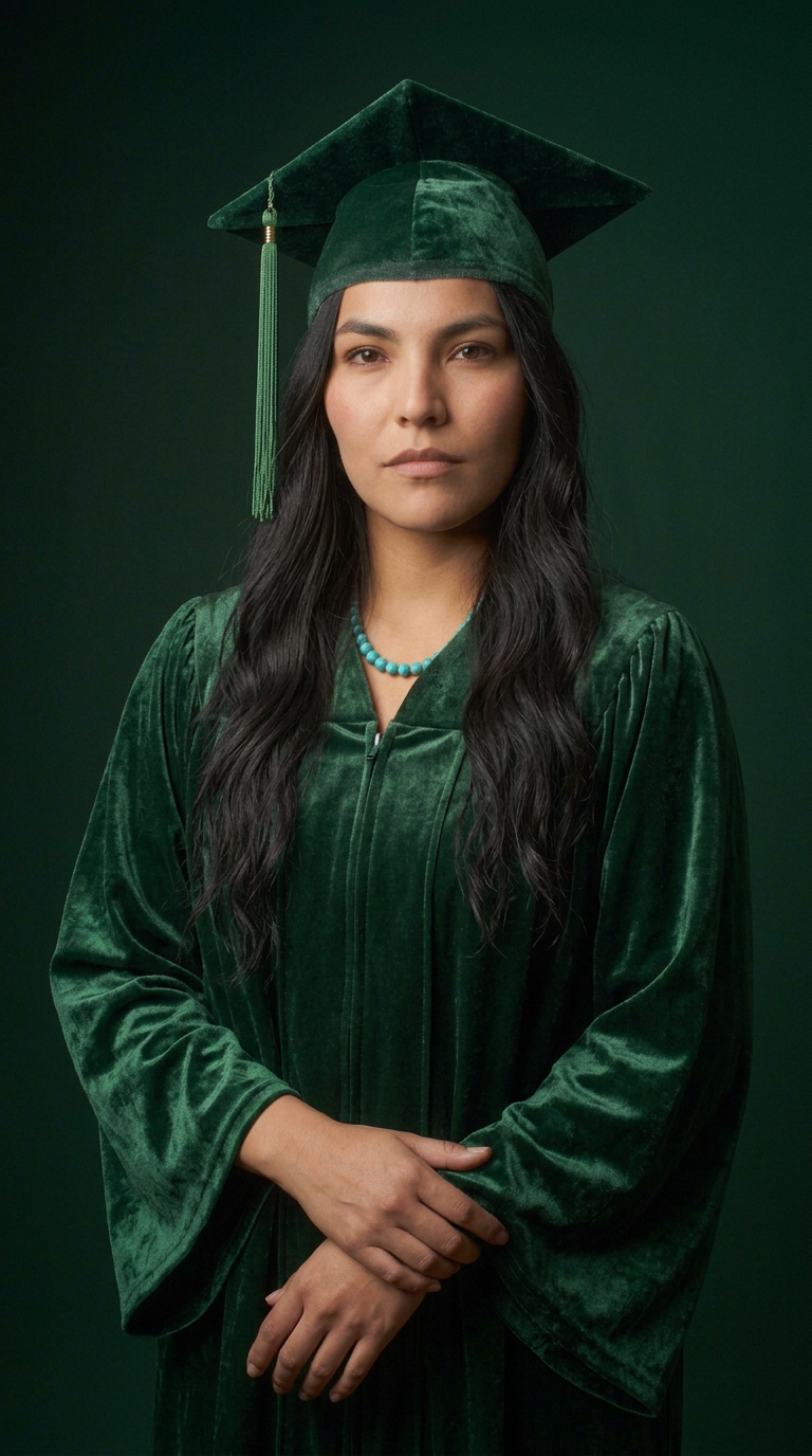 Serious young woman in green velvet graduation cap and gown with turquoise necklace on dark green background.
