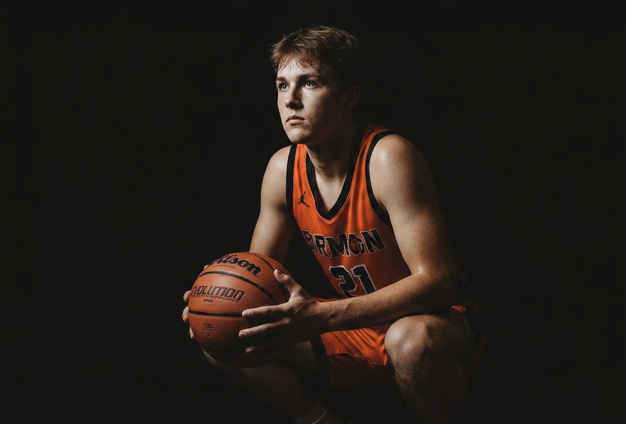 Young male basketball player in orange jersey holding a Wilson basketball, posed against a dark studio background.