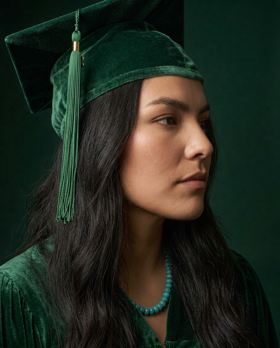 Young woman in green velvet graduation cap and gown with turquoise beaded necklace, profile portrait.