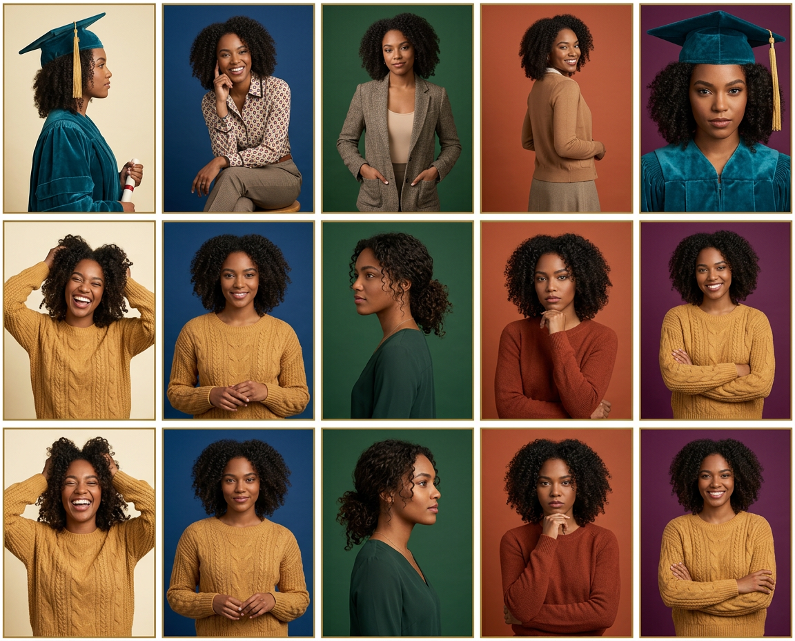 Black woman in teal graduation cap and gown featured in multiple portrait poses and expressions.