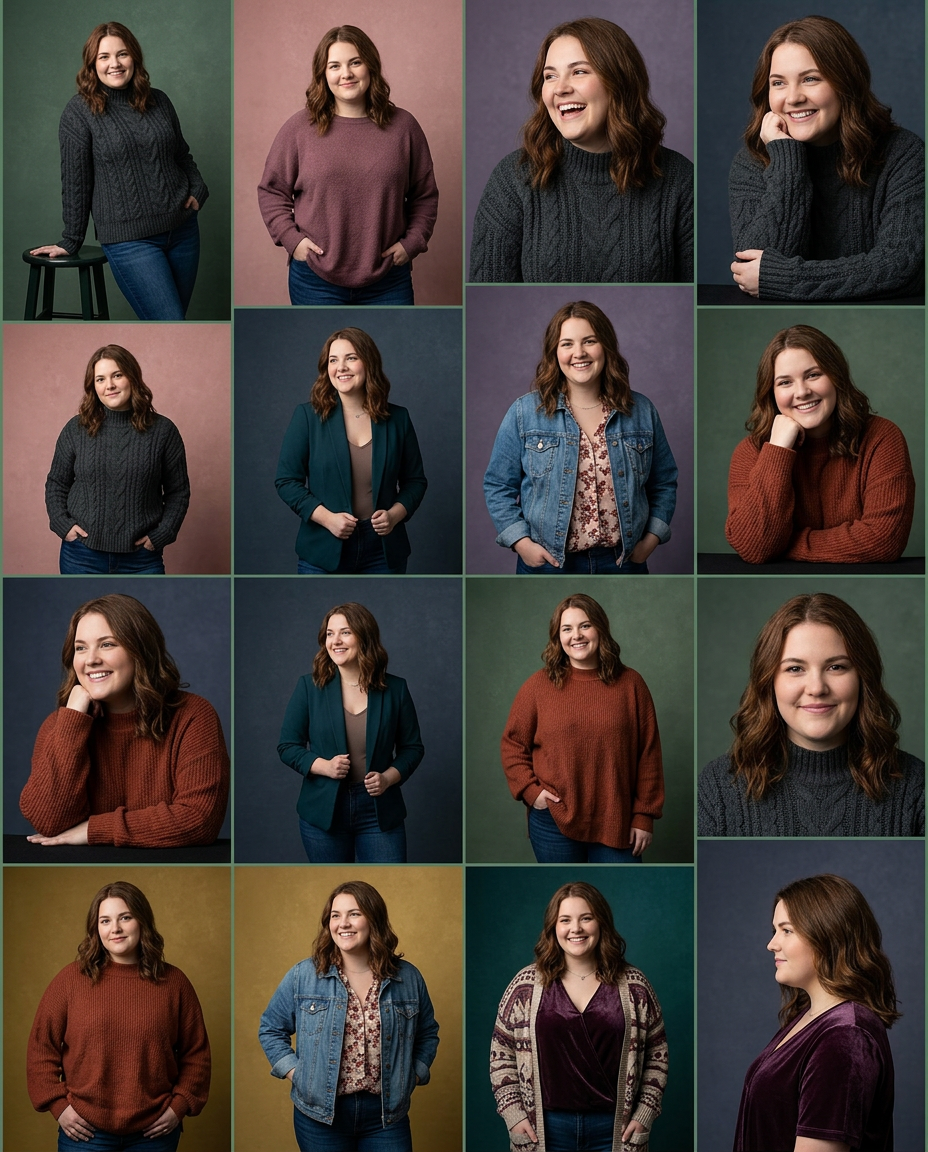 Collage of professional headshots of a woman in various outfits and colorful backgrounds.