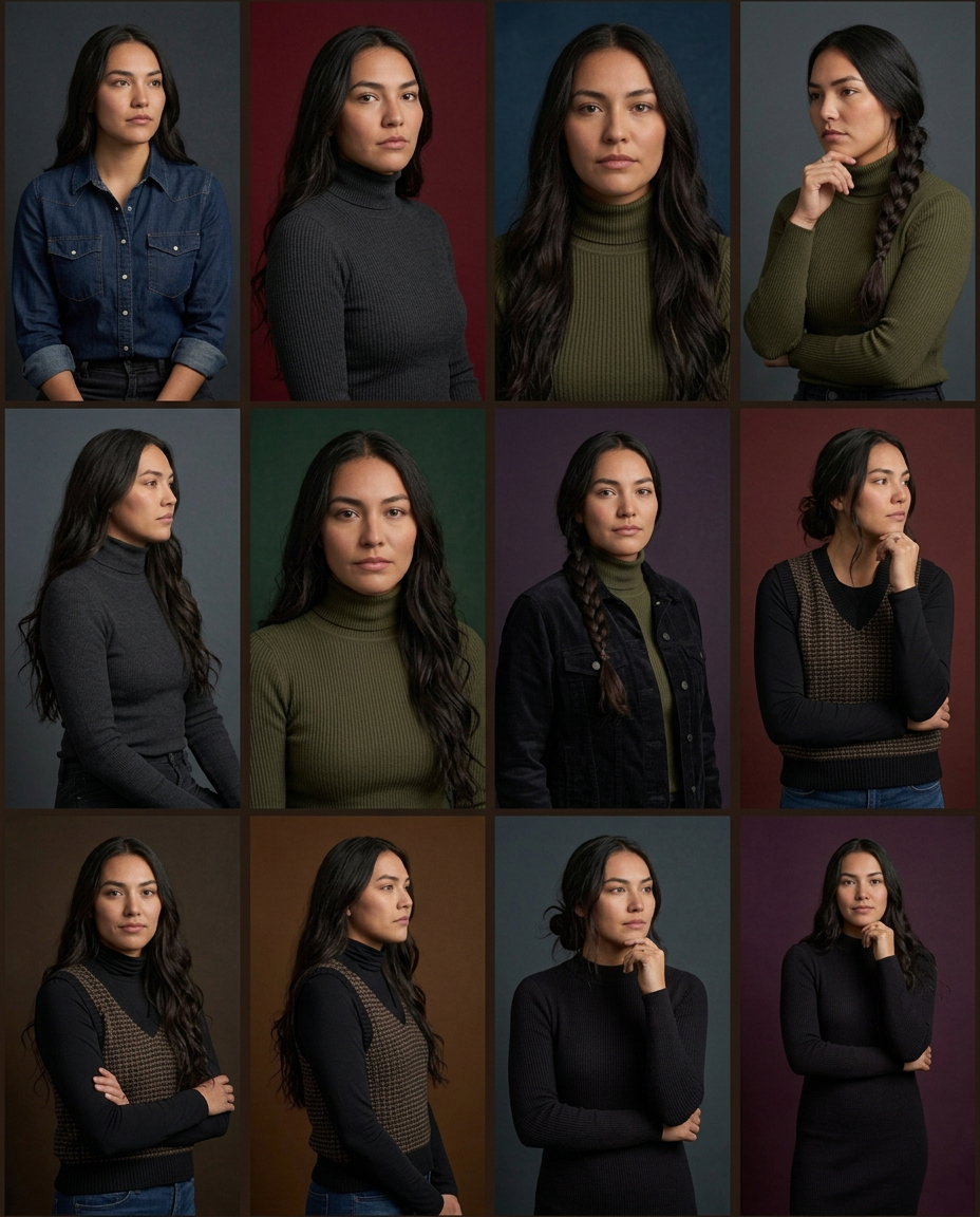 Young Hispanic woman poses seriously in multiple outfits and angles for professional portrait session.