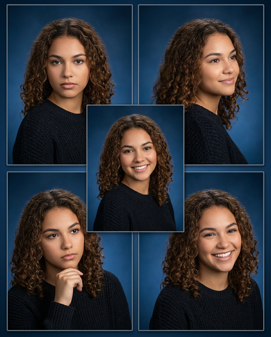 Collage of five senior portrait photos of a young woman with curly hair wearing a dark sweater on a blue background.