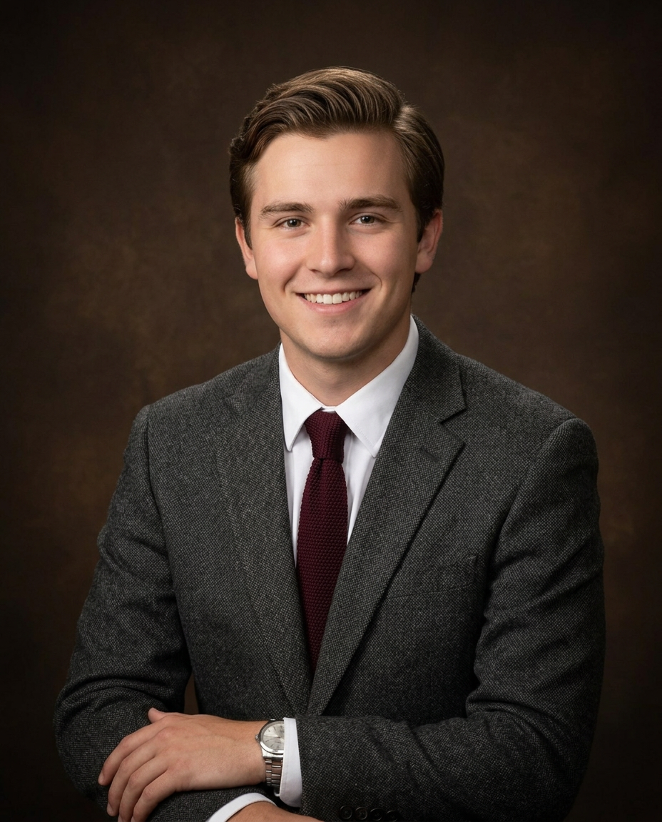 Young man in gray suit and burgundy tie smiles for professional senior portrait photo.