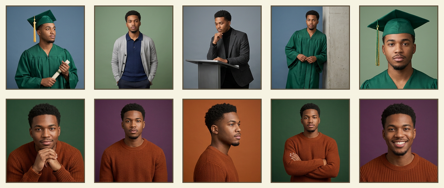 Collage of a young man in green graduation cap and gown and casual portrait photos on neutral backgrounds.