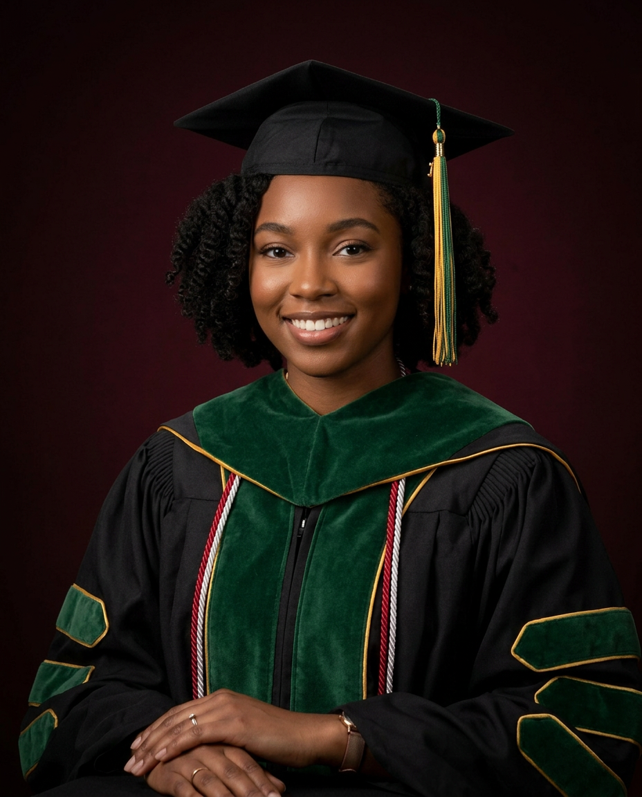 Young woman in green doctoral graduation regalia smiling for a professional graduation portrait.