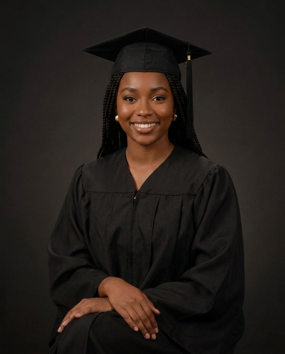 Smiling young Black woman in black graduation cap and gown poses for formal portrait on dark background.