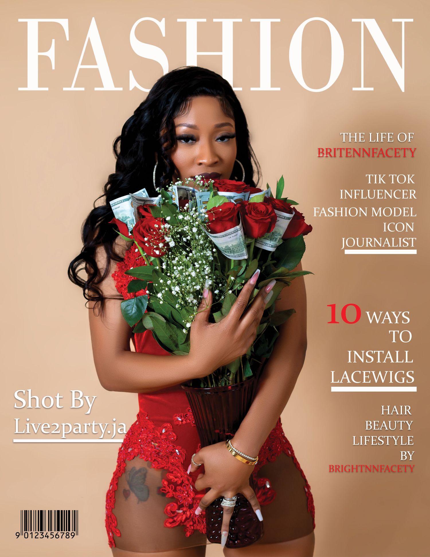 Fashion magazine cover featuring woman in red dress holding red roses bouquet.