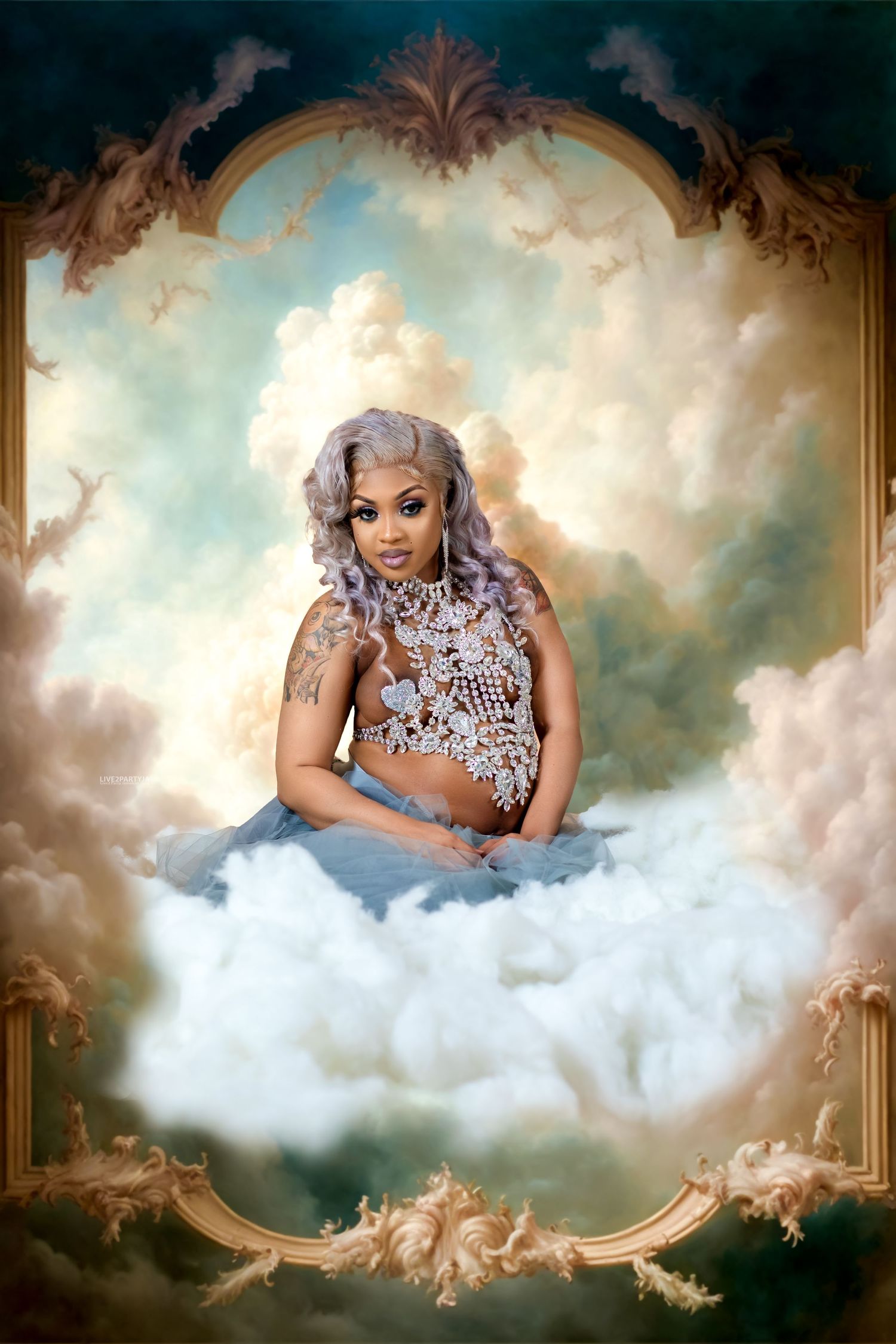 Woman with lavender hair in lace top and blue skirt sits on clouds in ornate baroque frame.