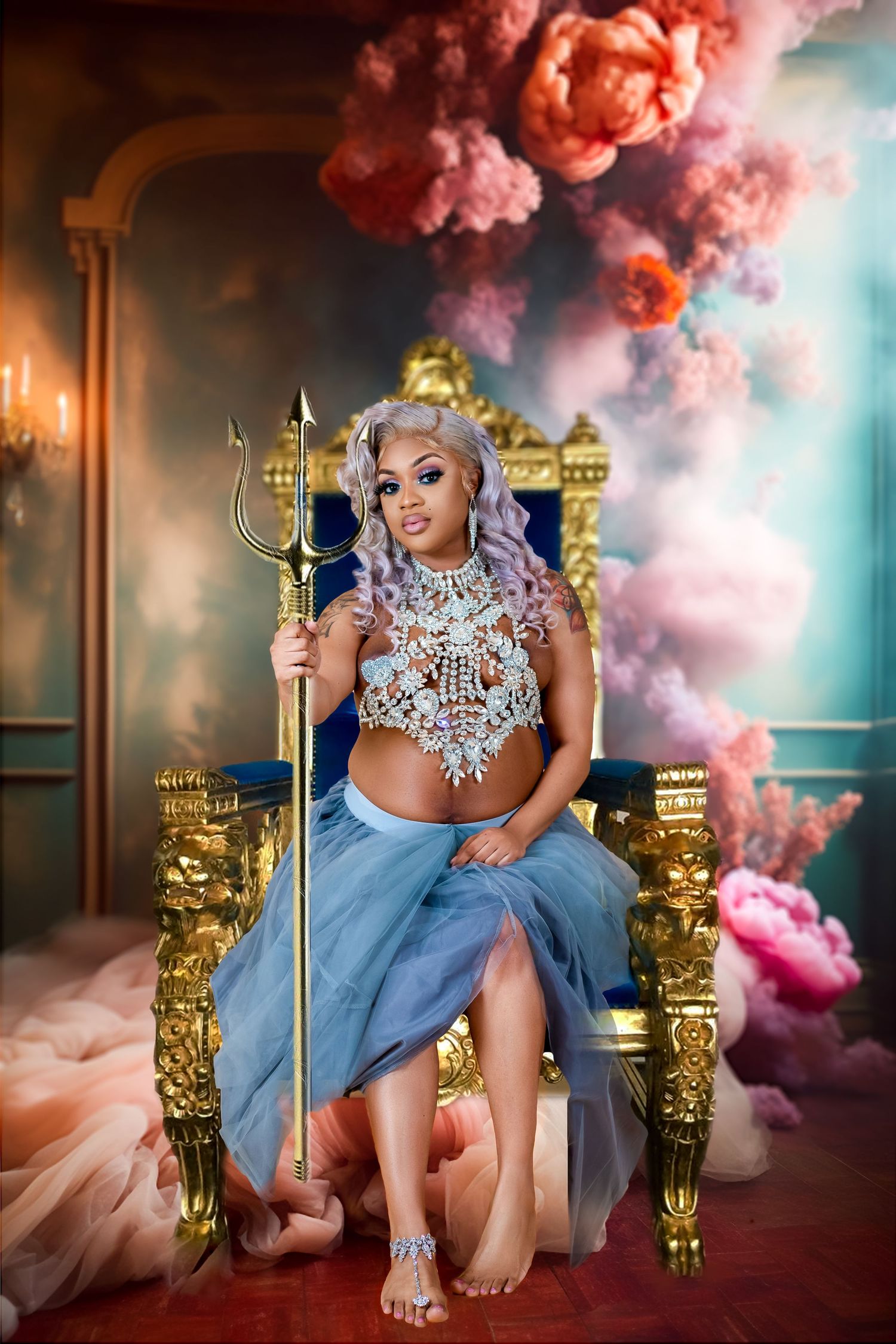 Woman with lavender hair in lace crop top holds trident on gold throne with colorful floral backdrop.