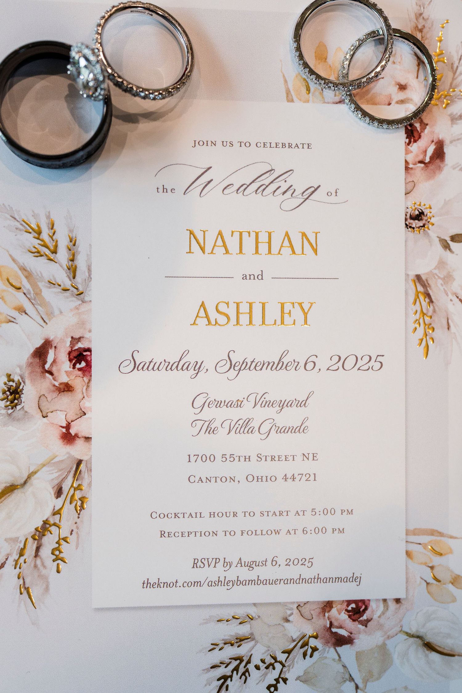 Elegant wedding invitation for Nathan and Ashley at Gervasi Vineyard, September 6, 2025.